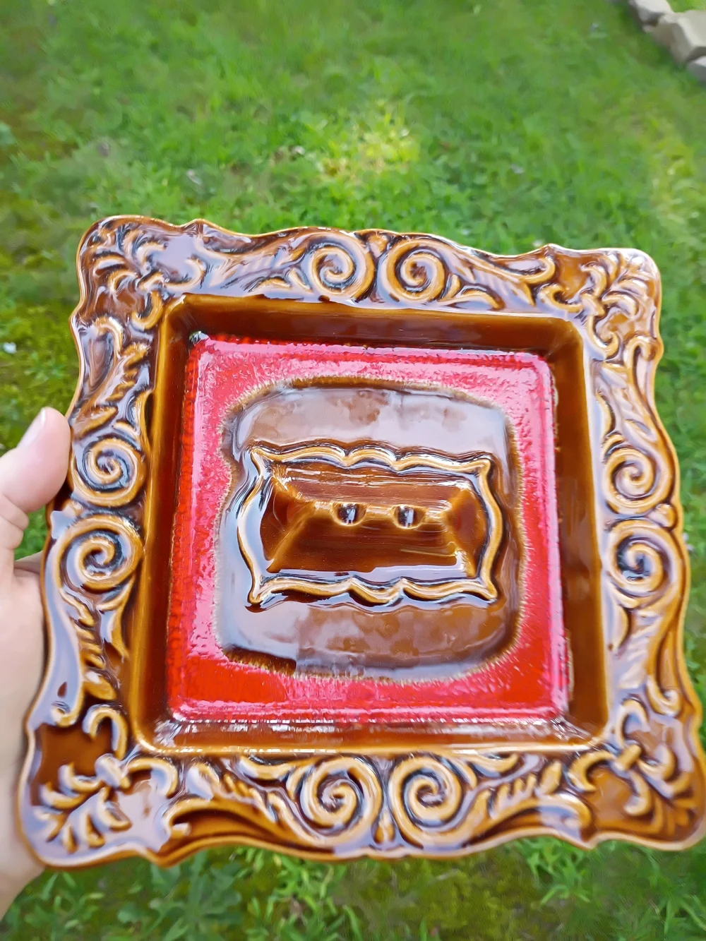 Vintage 60's Glazed Ceramic Square Brown/orange Ashtray USA EA-10-2S